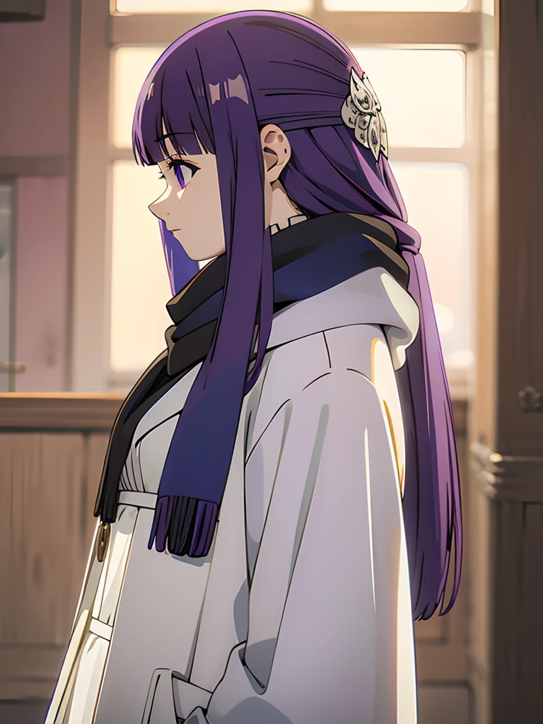 best quality, masterpiece, highres, solo, (fern_sousounofrieren:1.10), 1girl, hair ornament, profile, from side, purple scarf, closed mouth, blue scarf, looking ahead, blurry background, coat, indoors, anime_style, 13