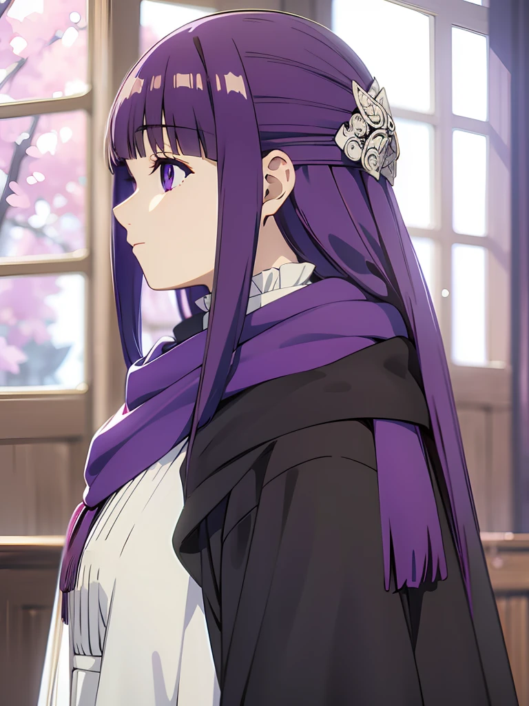 best quality, masterpiece, highres, solo, (fern_sousounofrieren:1.10), 1girl, hair ornament, profile, from side, purple scarf, closed mouth, blue scarf, looking ahead, blurry background, coat, indoors, anime_style, 13