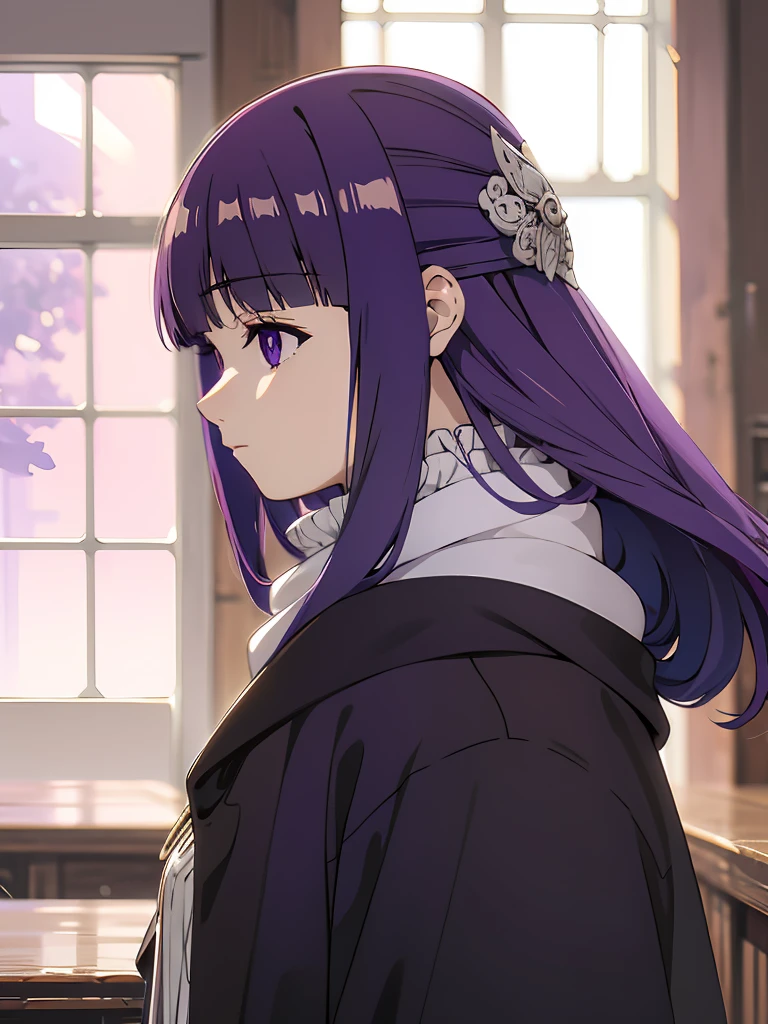 best quality, masterpiece, highres, solo, (fern_sousounofrieren:1.10), 1girl, hair ornament, profile, from side, purple scarf, closed mouth, blue scarf, looking ahead, blurry background, coat, indoors, anime_style, 13