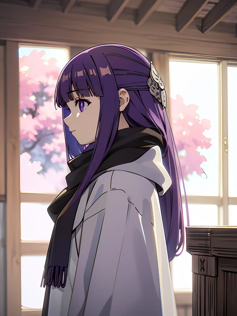 best quality, masterpiece, highres, solo, (fern_sousounofrieren:1.10), 1girl, hair ornament, profile, from side, purple scarf, closed mouth, blue scarf, looking ahead, blurry background, coat, indoors, anime_style, 13 