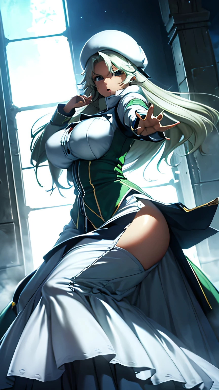 (Detailed)) 27-year-old woman, Light cyan hair, Green mini beret, Green Pandora Outfit,Big and round breasts, Gorgeous, plump and fleshy body,Angry expression,Angry eyes,Green Satellizer Outfit,Very long skirt, Holds a hand blade, Dynamic pose, Action Position, Perfect Anatomy