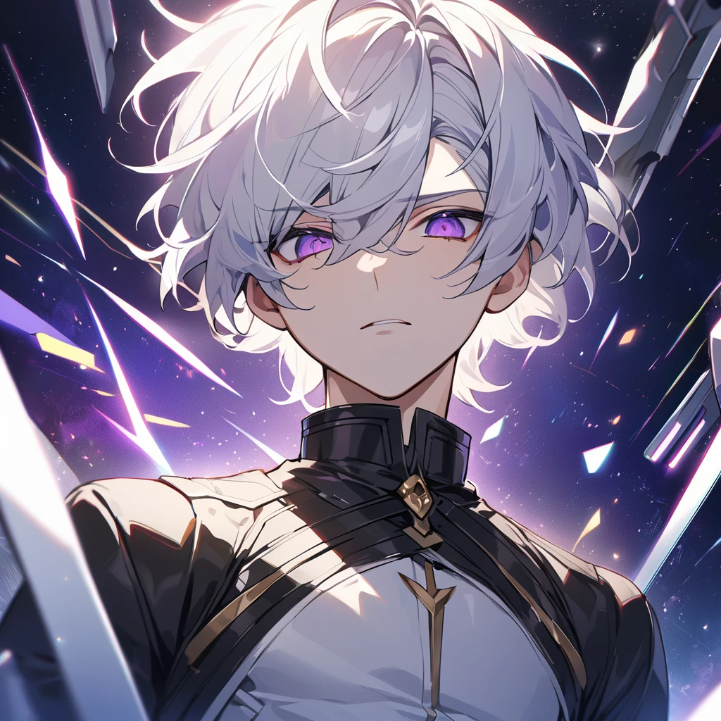 High quality, HD, 4k, no shadows, handsome male, 1male, 17 years old, teenager, golden lining, short white hair, sharp eyes, dark purple eyes, deep purple eyes, devil may cry, close up, calm expression, stoic expression, black leather clothes, white leather clothing, lean body, well trained body, upper body, looking at viewer, cowboy shot, white solar, space background
