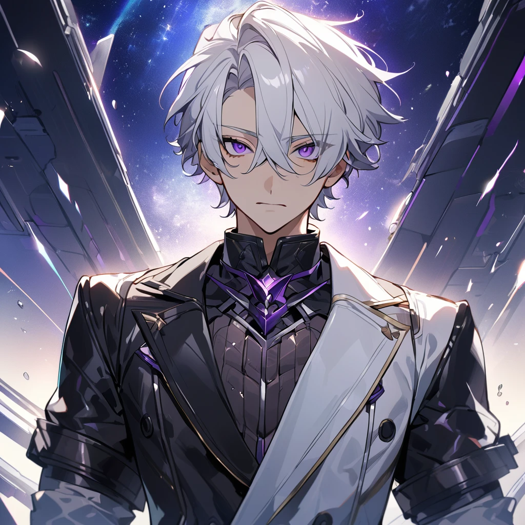 High quality, HD, 4k, no shadows, handsome male, 1male, 17 years old, teenager, golden lining, short white hair, sharp eyes, dark purple eyes, deep purple eyes, devil may cry, close up, calm expression, stoic expression, black leather clothes, white leather clothing, lean body, well trained body, upper body, looking at viewer, cowboy shot, white solar, space background
