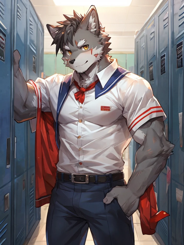 embedding:Gray wolf,Golden Eyes,Single Person,a scar on the face.Gray fur,High school students,Japanese school uniform,Scratch head,Standing by the school locker,Nervous,With his school uniform jacket in his hand,Male.Handsome,Smart,Best quality hands, best quality eye,detailed fur,Delicate eyes.Extreme picture quality,by sollyz,by zixiong,by null_ghost