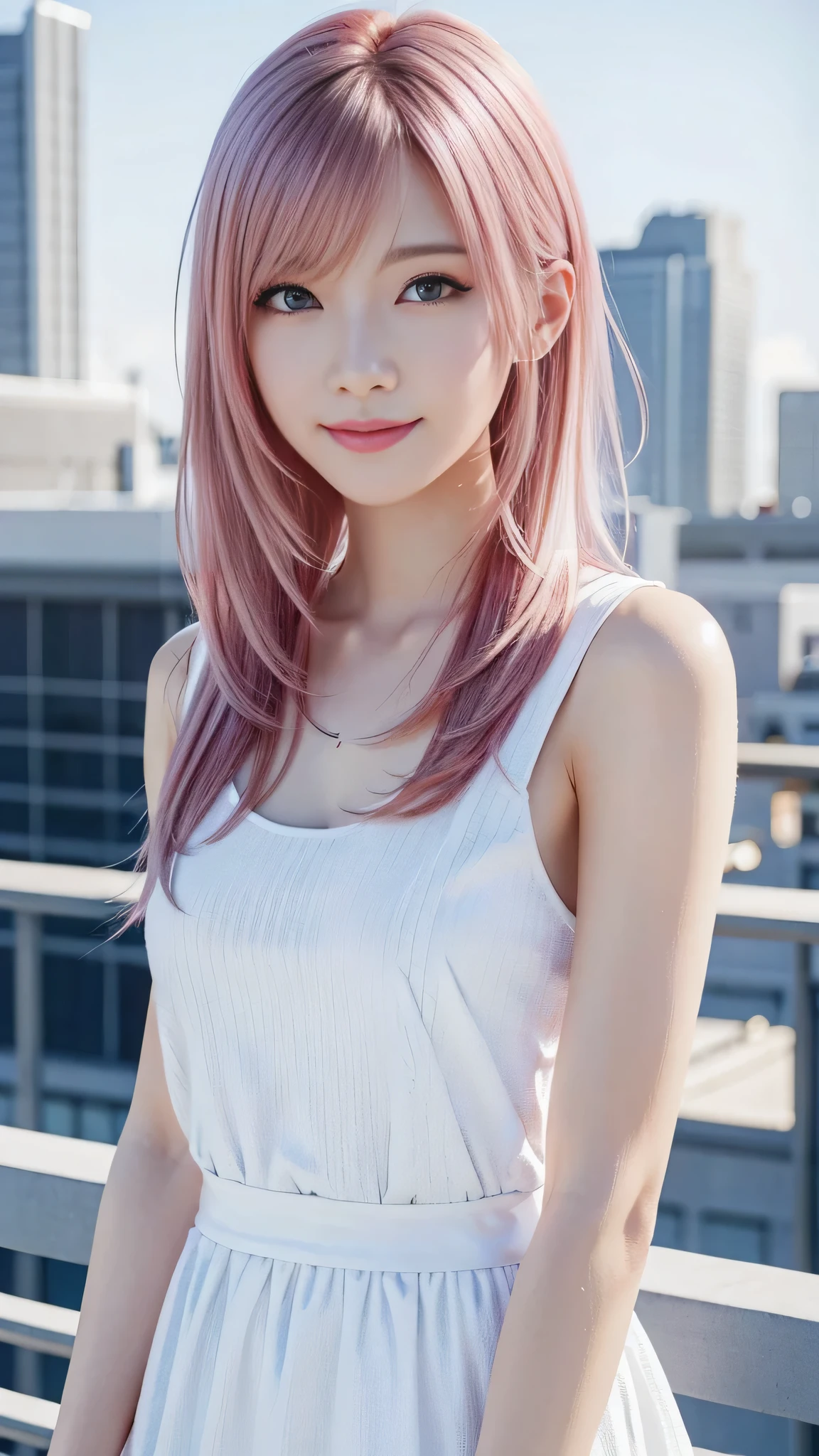 A woman with pink hair and a white dress, Anime realism style, Unreal 5. RPG Portrait, cgsociety portrait, Realistic art style, Smooth anime CG art, Photorealistic Anime Girl Rendering, Realistic anime 3D style, Loss Draw 1. 0, Realistic 3D animation, ArtJam ; 3d unreal engine, Realistic anime art style,The background is the city,The best smile