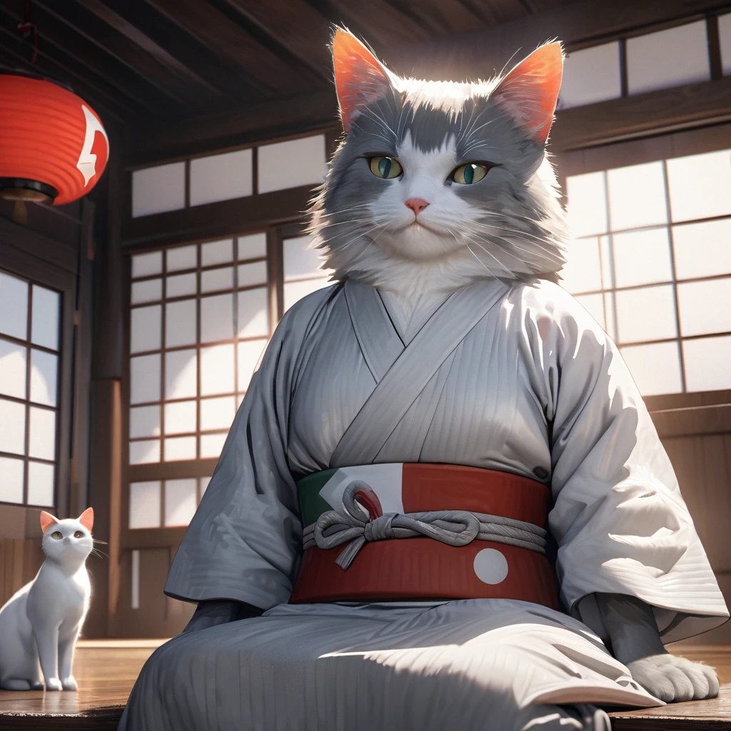 A four silver black and white cat wearing a white kimono with black details, wearing a white sash with the Japanese flag, well detailed fur, sitting on the wooden floor of a traditional Japanese house.,,(solo cat) ,UHD , prime work , accurate , anatomically correct , textured skin , super details , high quality , best quality, 8k, high resolution, bokeh effect, close view.