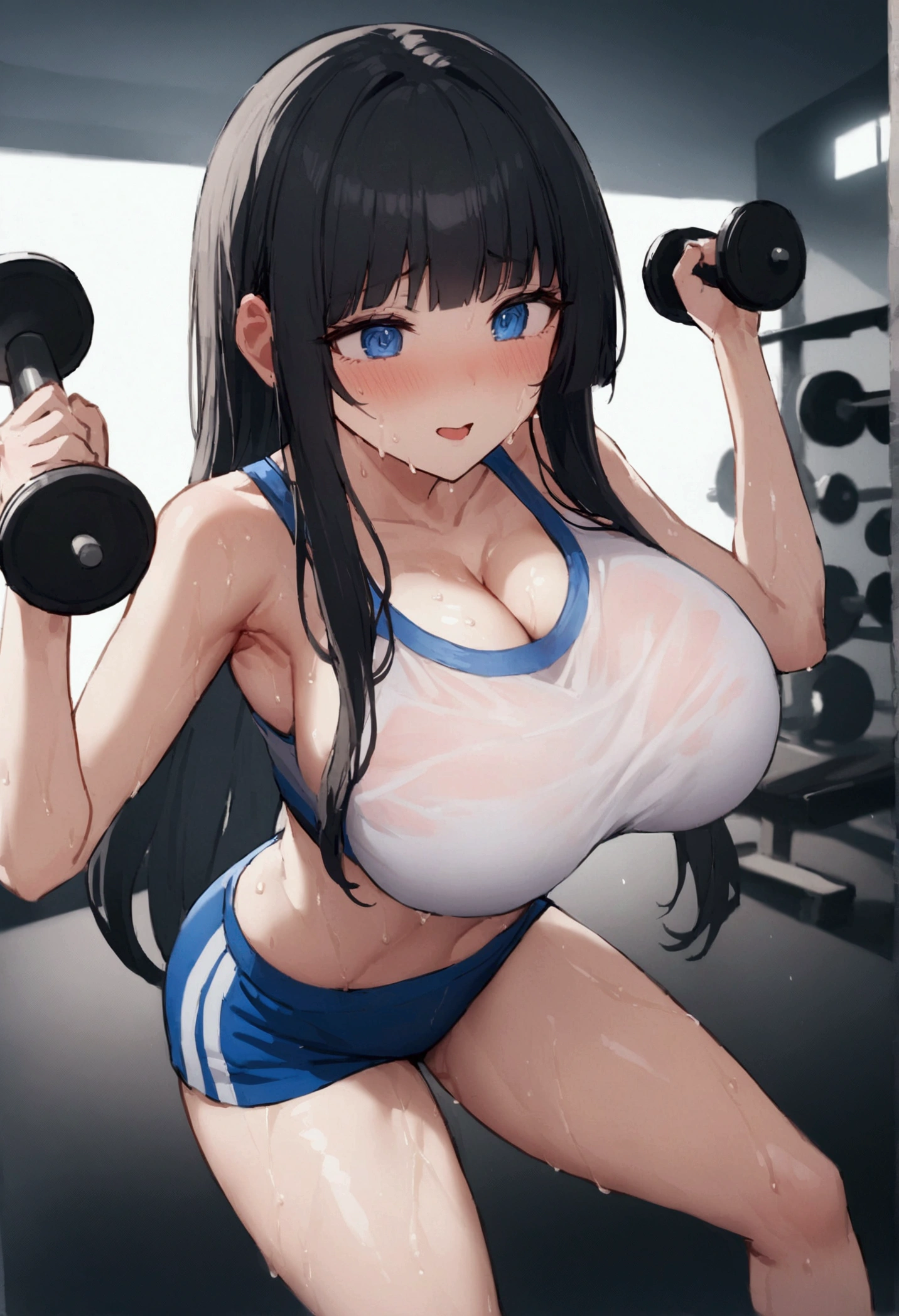 Hime cut with long black hair、Has straight bangs and blue eyes、A girl with big breasts is at the gym。She&#39;s wearing workout clothes、Exercising with dumbbells。The face is sweaty and red。The background shows a gym.。No dialogue