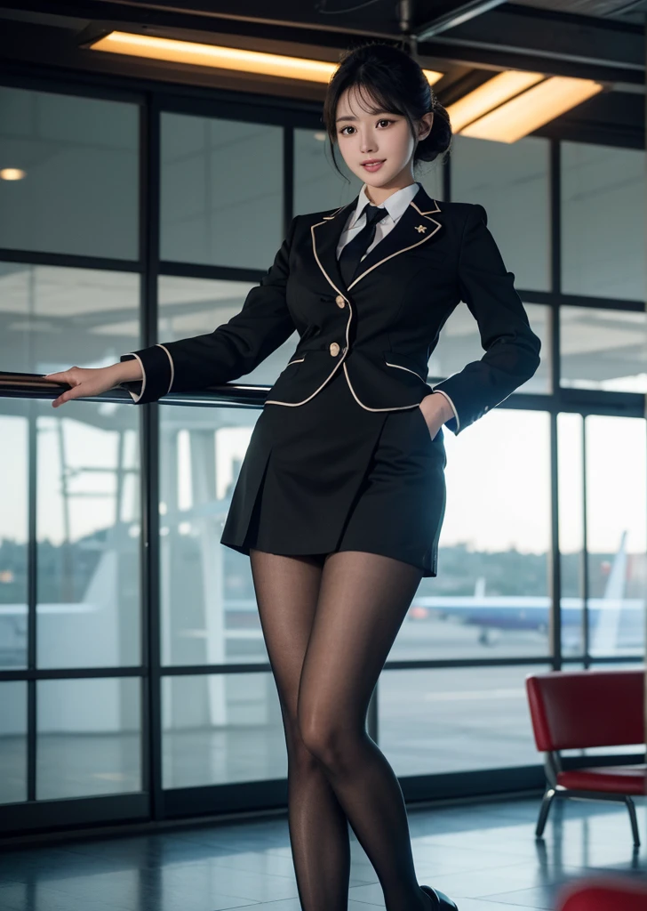 Diffuse lighting、 Highest quality, High resolution, unity 8k wallpaper、Supersaturation, Japanese、1 female、23age、(masterpiece), Highest quality, Highest quality, Detailed and complex, whole body, High resolution, (16age),Very detailed_eye, Sexy Breasts, (eyeliner:0.5),(blush:0.5), Detailed skin, Displaying the viewer, A light smile, Cabin attendant、Airport reception、Bun Head、Airplane on background、 ((Flight attendant uniform)), (Black Pantyhose:1.1), Black high heels, Black short skirt uniform, international airport,I work at the airport、 Perfect Anatomy, (Depth of written boundary:1.1),change:0.1,Realistic:1.3, (Zhou Haoguang:1),(Structure of the film:1.3), (Highest quality, High resolution, Realistic, original, 8k,masterpiece, ),Highest quality, masterpiece8k.High resolution. High Rib:1.2, Film Grain, Blurred Bokeh:1.2, Lens flare, (Bright colors:1.2), (delicate),