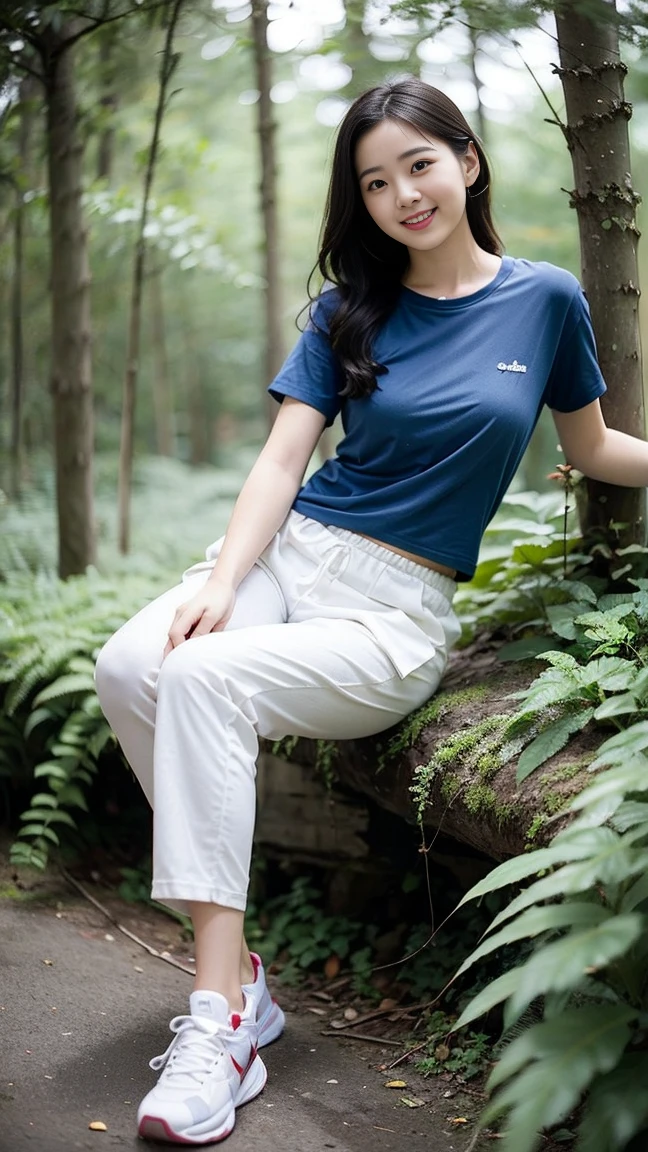 masterpiece, best quality, Surreal, Ultra Detailed, 8k resolution, RAW photos, Clear focus, (A girl in the forest), ((navy blue shirt:1.1)), Short sleeve, Long sweatpants,Full body posture, Solitary, Perfect body, Become a, 32 inches in the chest,(a charming smile:1), (sexy pose),26 years old, light,White shoes