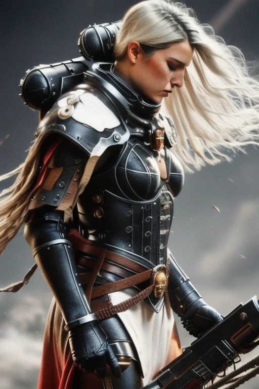 cowboy shot, action pose, ultra realistic 8k cg, (epic:1.5, perfect artwork, masterpiece),1girl, warhammer 40k, space marine, armor,adeptus, battle sister, beautiful face, highly detailed face , (white hair, absurd long hair, long flowing chainmail skirt), empty hands, closed mouth, looking into distance, ((blowing hair)), ((hands closed)),

