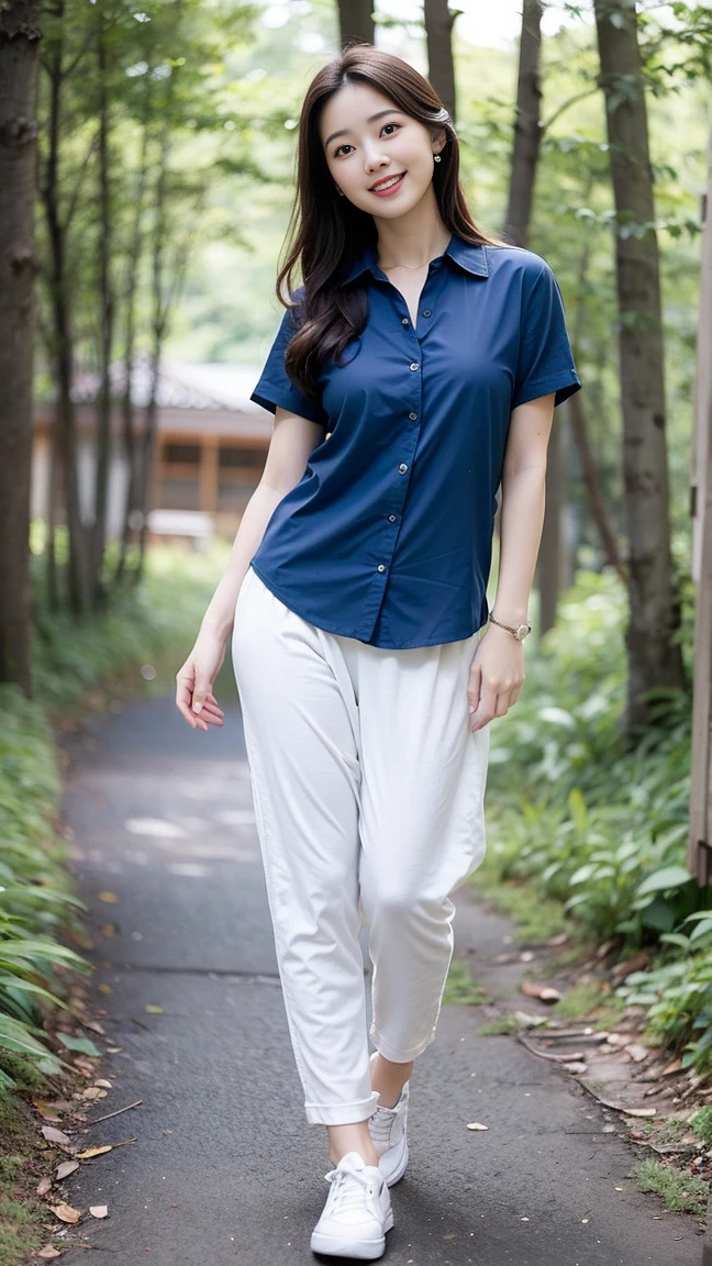 masterpiece, best quality, Surreal, Ultra Detailed, 8k resolution, RAW photos, Clear focus, (A girl in the forest), ((navy blue shirt:1.1)), Short sleeve, Long sweatpants,Full body posture, Solitary, Perfect body, Become a, 32 inches in the chest,(a charming smile:1), (sexy pose),26 years old, light,White shoes
