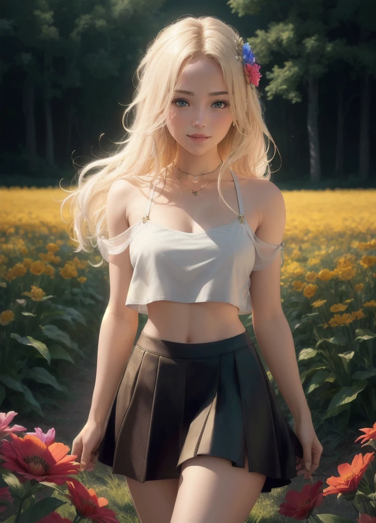 0l1d7,  blonde hair,, (32K resolution, masterpiece, ultra high quality, best quality, ultra high definition, perfect anatomy, Incredibly detailed, RAW,, photorealistic, cinematic lighting, exquisitely detailed, extremely intricate, 8k UHD, high resolution), (1girl), cropped  off-shoulder tank top,  skirt, elegant hair, standing in the middle of a flower field,  seductive smile, dynamic vivid colors