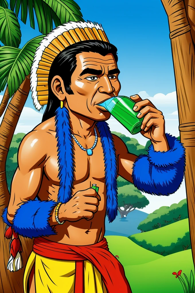 draw a drawing of the Lempira chief drinking juice, cartoon