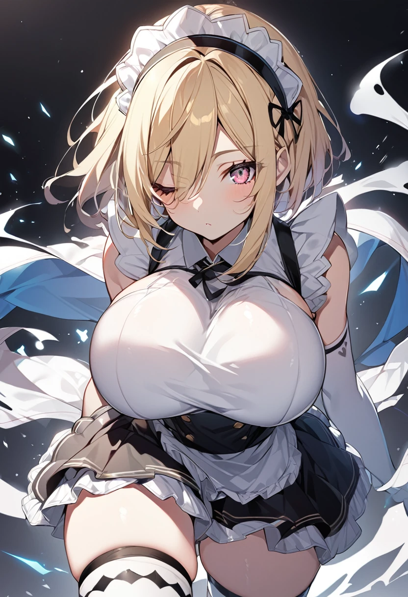 (One girl)、(bob cut)、(sidelock)、((Blonde))、（Sato Air）、(slan eyes)、（boyish）、cute、(Big super breasts)、Chubby、Maid、No sleeve、mini skirt、White sleeveless、thigh-high socks thighhighs、(long gloves)、hairs between eyes、(coarse hair)、[flipped hair]、pink eye、expressionless、one eye closed、arm behind back、White Background、