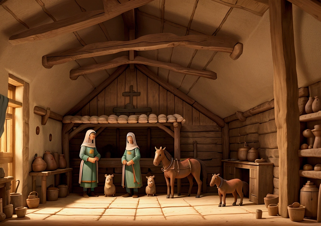 The interior of the stable, with Mary and Joseph settling among the animals.