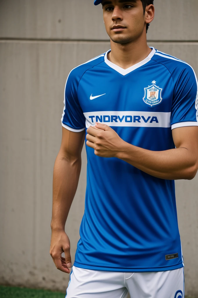 Blue soccer jersey with a logo that has the initials of the Latin sports club