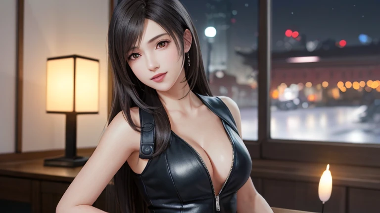 (Highest quality, Tabletop: 1.1), (Realistic: 1.3), break (((FF7,Tifa_Lockhart))),(alone,Tifa:1.2),(Japanese ,Grey tailored jacket:1.3) ,(bar,night, indoor),(Sexy pose:1.1),Highly detailed face, Detailed eyes,Red eyes, break (((FF7,Tifa_Lockhart))),(Light brown hair, Large Breasts: 1.2), break (Small beautiful hard nipples)  Around 18 years old,cute,smile,absolute_ryouiki:1.1,Cowboy Shot