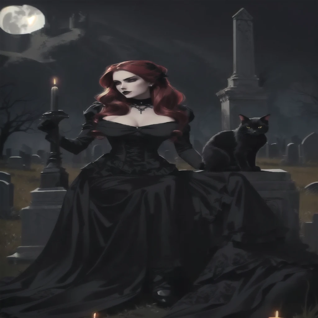 arafed woman in a black dress sitting on a grave with a cat, gothic fantasy art, gothic art, gothic maiden, gothic horror vibes, gothic maiden of the dark, goddess of death in a graveyard, carmilla vampire, gothic art style, dark fantasy style art, in style of dark fantasy art, artstyle tom bagshaw, victorian vampire, elegant victorian vampire