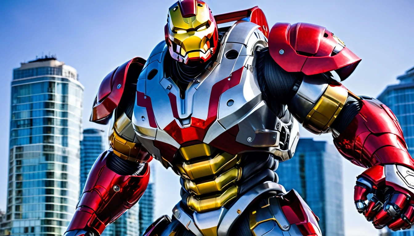 Hulkbuster-like mech, Vancouver, high-quality artwork, cityscape background, heroic pose, dramatic shadows, carbon fibre paint job with red side highlights, repulser cannons on wrists, dynamic motion, hockey helmet, hockey goalie visor, grey visor covering face, epic superhero