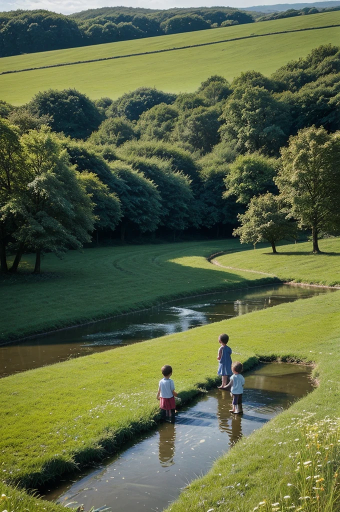 A few children are playing there in a beautiful field with streams flowing by