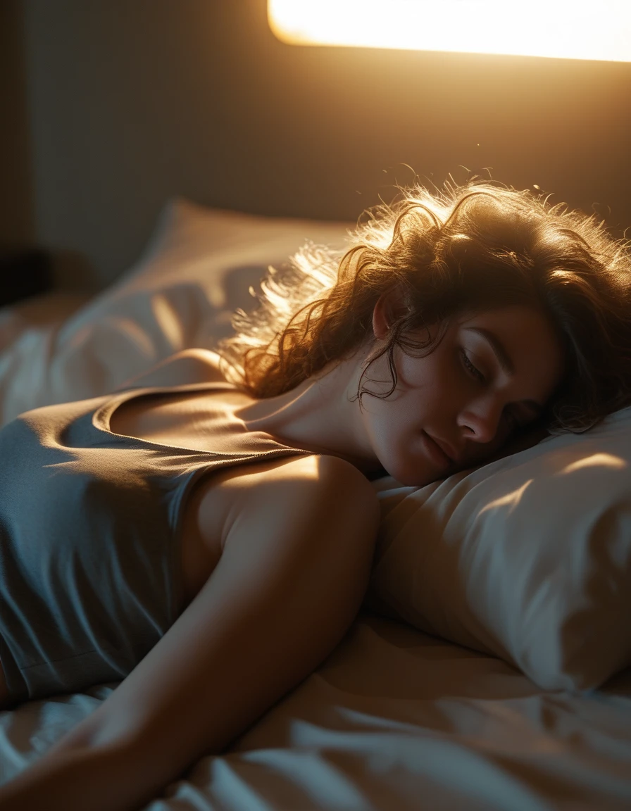 The image is a detailed illustration of a woman with long, flowing hair and a greenish hue, lying on a bed in a relaxed position, wearing a gray tank top, Super resolution, Megapixel, ProPhoto RGB, VR, Bullish, epic, half back lighting, backlights, natural lighting, incandescent light, fiber optics, lighting mood lighting, cinema lighting, studio lighting, soft lighting, volumetric, sharp contrast, dark lighting