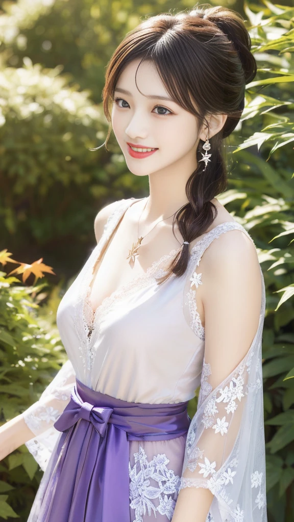 Fine details, high resolution, high quality、Perfect dynamic composition, Beautiful and delicate eyes, Double ponytail hairstyle, Beautiful breasts 、Natural lipstick, Face,Kamiaki、1 girl、clear translucent skin、Shiny hair、(Purple luxury clothes、Exquisite lace)、Complex dress、Exquisite hair accessories、Intricate earrings、Complex necklaces、a smile,garden,Maple Leaf