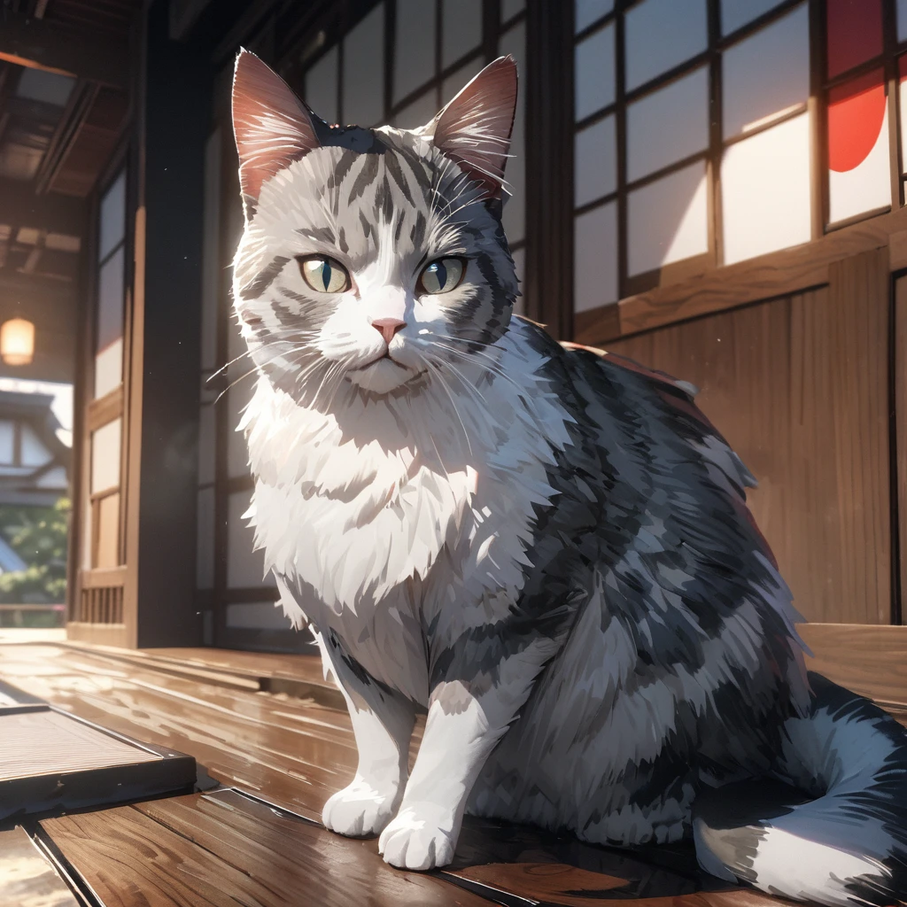 A four silver black and white cat wearing a white kimono with black details, wearing a Japanese straw hat, wearing a white sash with the Japanese flag, well detailed fur, sitting on the wooden floor of a traditional Japanese house.(solo cat) ,UHD , prime work , accurate , anatomically correct , textured skin , super details , high quality , best quality, 8k, high resolution, bokeh effect, close view.