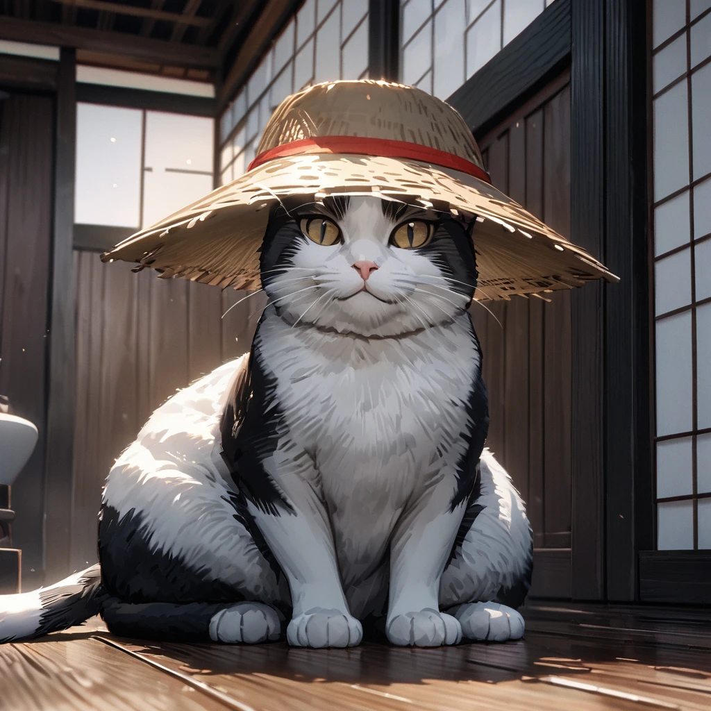 A four silver black and white cat wearing a white kimono with black details, wearing a Japanese straw hat, wearing a white sash with the Japanese flag, well detailed fur, sitting on the wooden floor of a traditional Japanese house.(solo cat) ,UHD , prime work , accurate , anatomically correct , textured skin , super details , high quality , best quality, 8k, high resolution, bokeh effect, close view.
