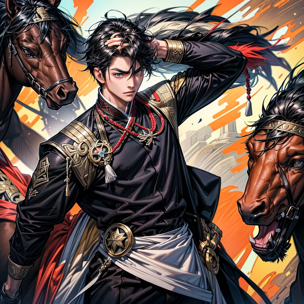 Create a muscular swordsman boy, attractive, black hair with somewhat dark skin, a race horse outfit with bright and colorful colors inspired by pre-Hispanic clothing and circular lenses. All in a style as if it were a genshin impact character. Black horse in the background
