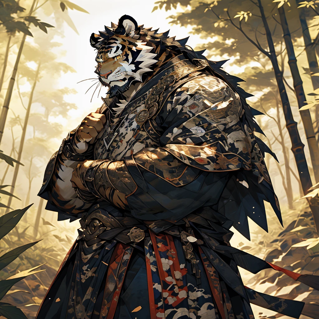白色皮肤tiger),(黑白阴阳General战袍),Holding a long sword,坚Strong姿态,Stand calmly,(The background is a dark forest,Full of bamboo:1.2),abdominal muscles,Heroic Stance飒爽,完美的masterpiece,Various facial details,Perspective from a distance,specific description,masterpiece,CG,(Golden Eyes),Black and white pattern,Crimson Tail,General,Heroic Stance,tiger,Black and white fur,Specific facial details,Half Body,(黑白阴阳General战履),(Chang Ling),((middle aged)),(Face Focus),(16K),HD,Black and white belly,wilderness,beard,(Noodle),Different students,(Black and white yin and yang shirt),(Black and white hair),Strong,muscle,(high resolution:1.3),(Standing deep in the desolate bamboo forest),(close up),(Delicate face:1.5),Perfect details,(Half Body),(Facial details:1.5),(Zoom in on the face:1.5),(白色Noodle:1.2),(黑色beard:1.3),(white face;1.6),White body