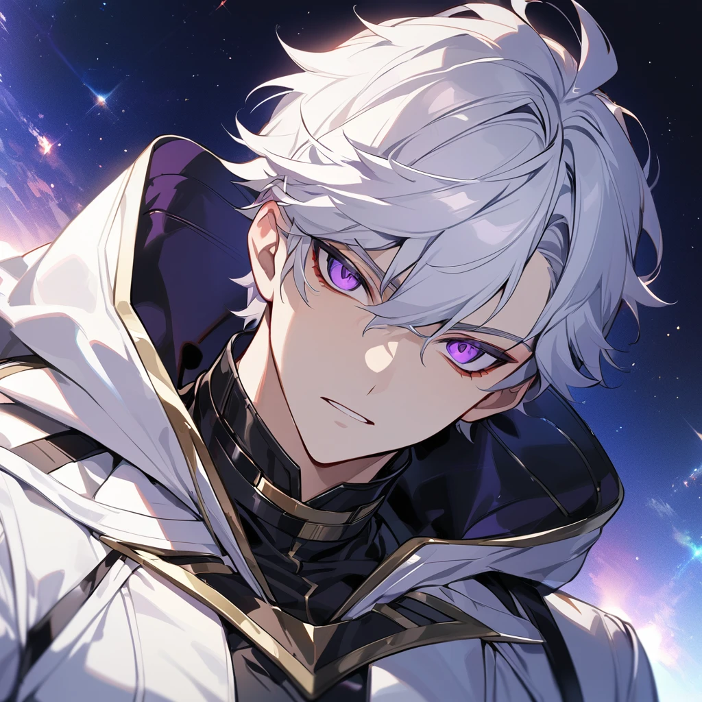 High quality, HD, 4k, no shadows, handsome male, 1male, 17 years old, teenager, golden lining, short white hair, sharp eyes, dark purple eyes, deep purple eyes, devil may cry, close up, calm expression, stoic expression, black leather clothes, white leather clothing, lean body, well trained body, upper body, looking at viewer, cowboy shot, white solar, space background