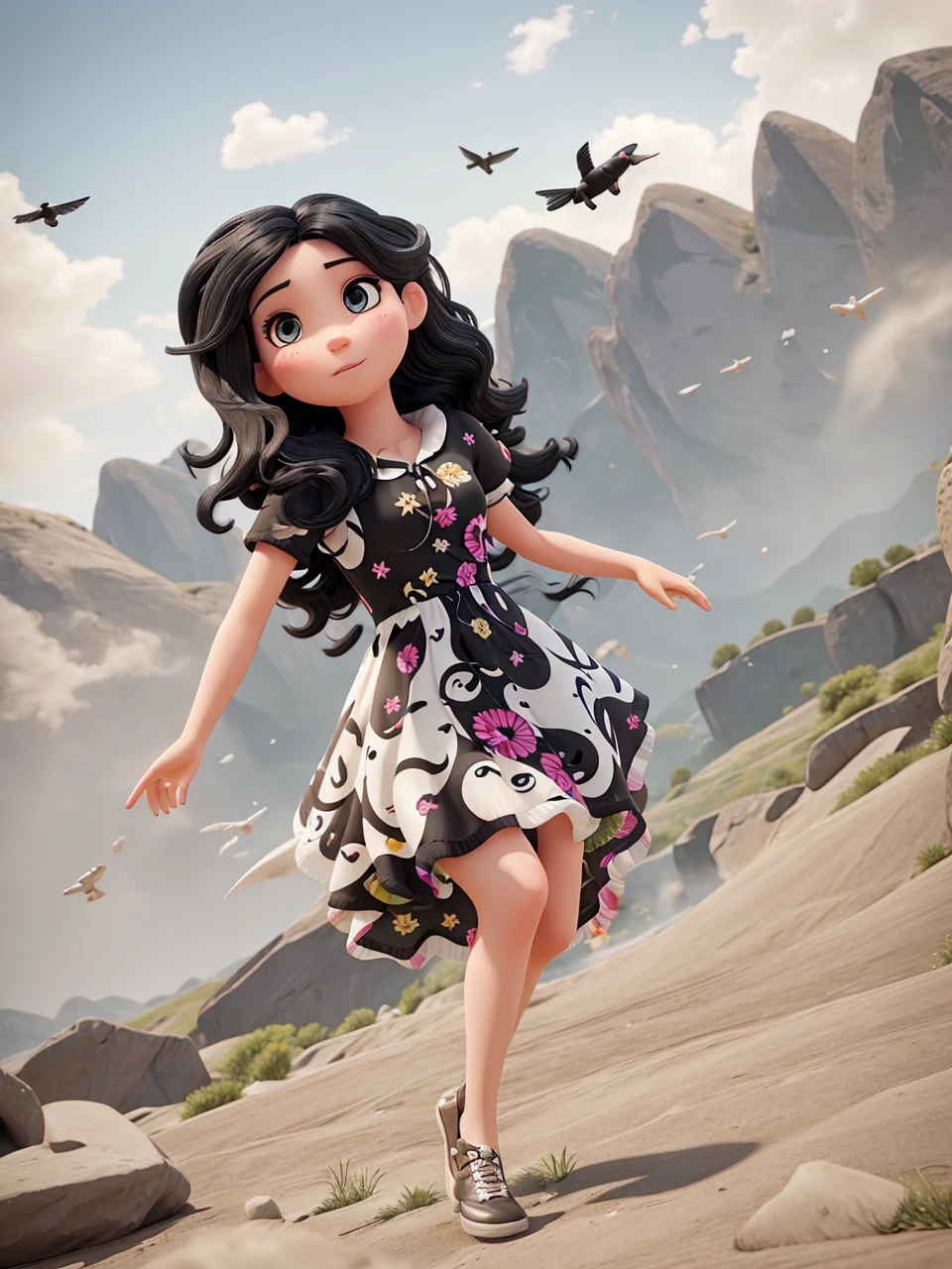 Photo of playing, white skinned , wavy black hair, fly away, , colorfull dress, 8k, best image