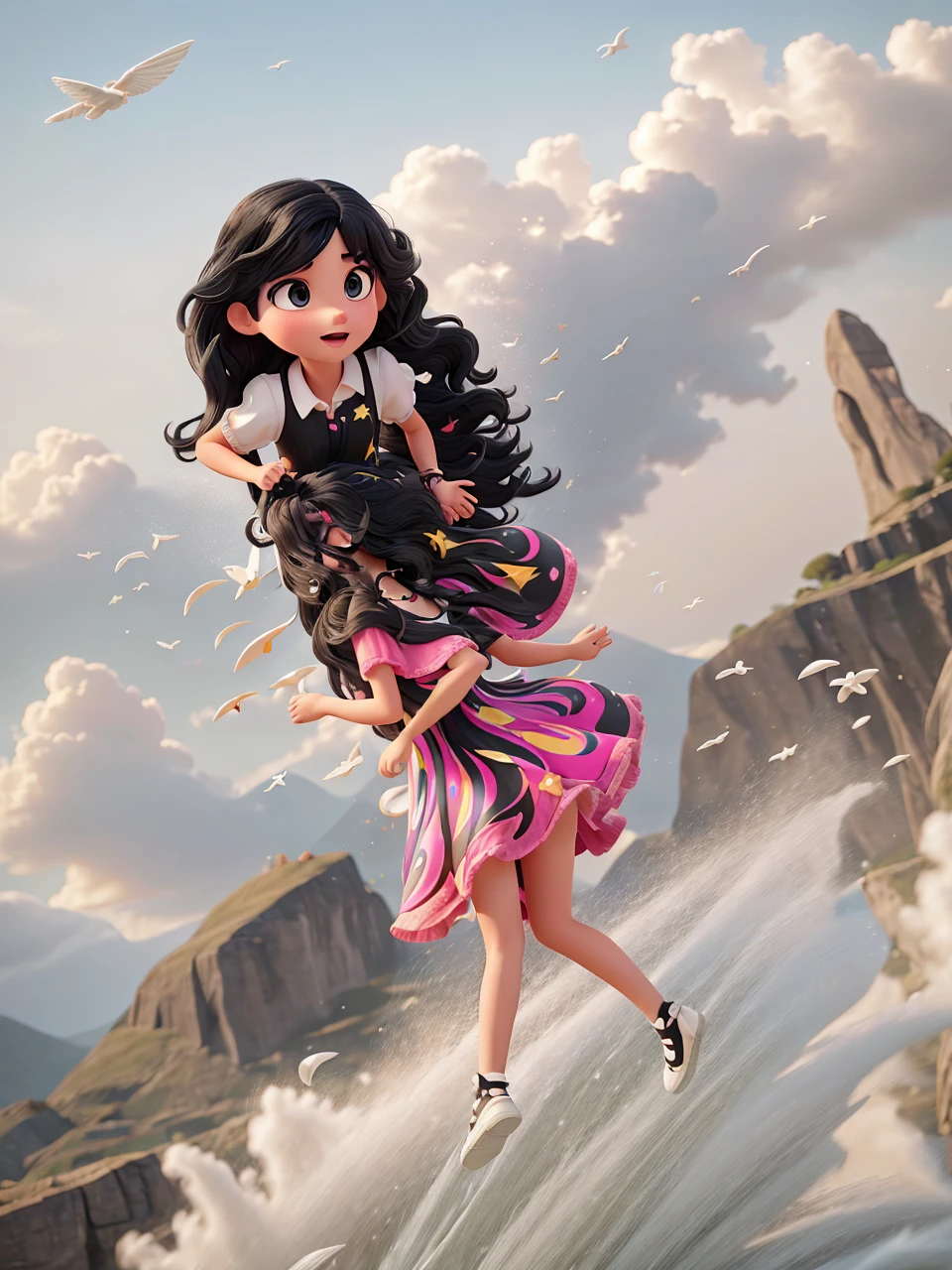 Photo of playing, white skinned , wavy black hair, fly away, , colorfull dress, 8k, best image