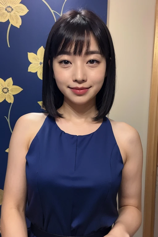 Medium display, Medium Shot, Written boundary depth, bust, Upper Body, Movie angle, masterpiece, Highest quality, Very detailed, CG, 8k wallpaper, Beautiful Face, Delicate eyes, Otome, alone, smile, bangs, skirt, shirt, have, Cobalt blue dress with gold trim, LOL、Floral Background