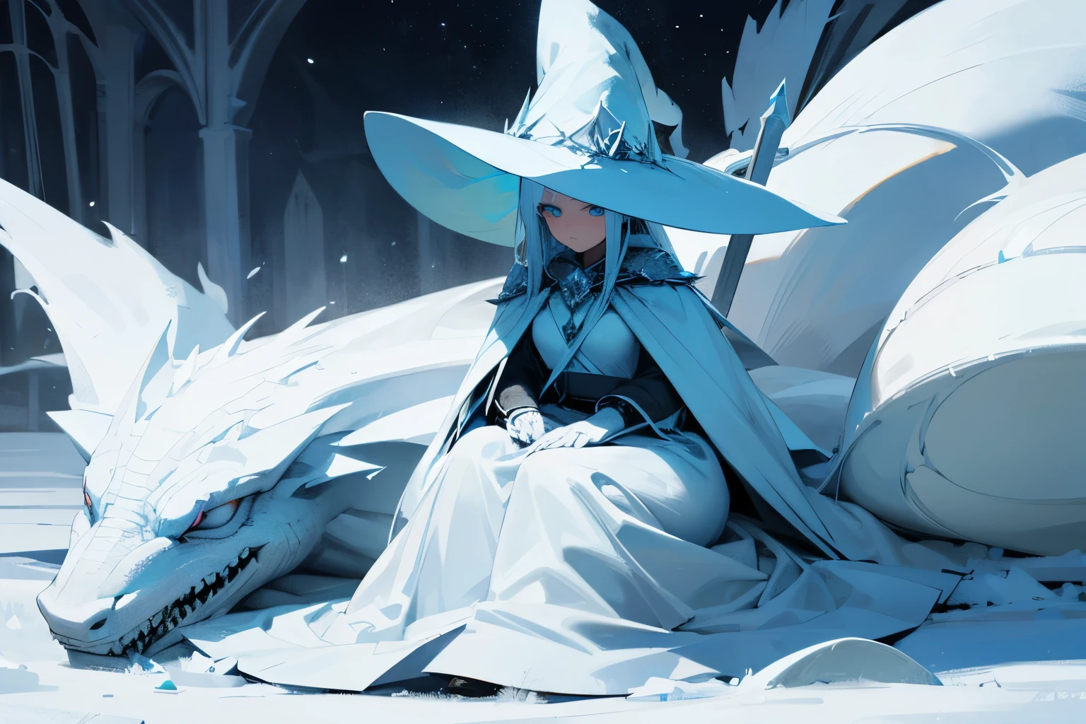 frost witch with white wizard hat and white dragon is resting near her, don't disfigure hands