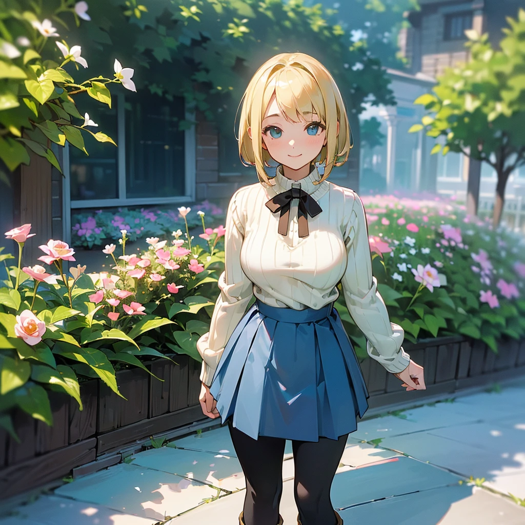 (high quality, High resolution, Very detailed, reality:1.37), Peaceful atmosphere, (Outdoor, garden), Teenage girl standing alone, (my breasts are big.), Beautiful details, Cute Smile, (Blonde Bob Hair), Ribbed sweater, Blue Skirt, Black tights, Brown boots.