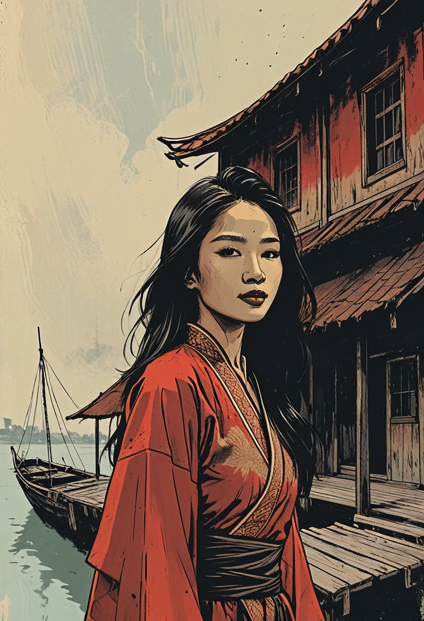 a comic book cover, illustration style. Titled written "PAHLAWAN KU" a Malay Javanese man, wearing traditional man costume, long hair wearing Tanjak on his head, holding a long Javanese dagger called Sundang. heroic poses. Besides him, a young beautiful Malay woman (supermodel) wearing Malay traditional outfits called Kebaya in red colour. She wrap her hand around the man. They are standing on a old ship dock. full body shot. Background of old historical ship in 1511 centuries in Malacca.