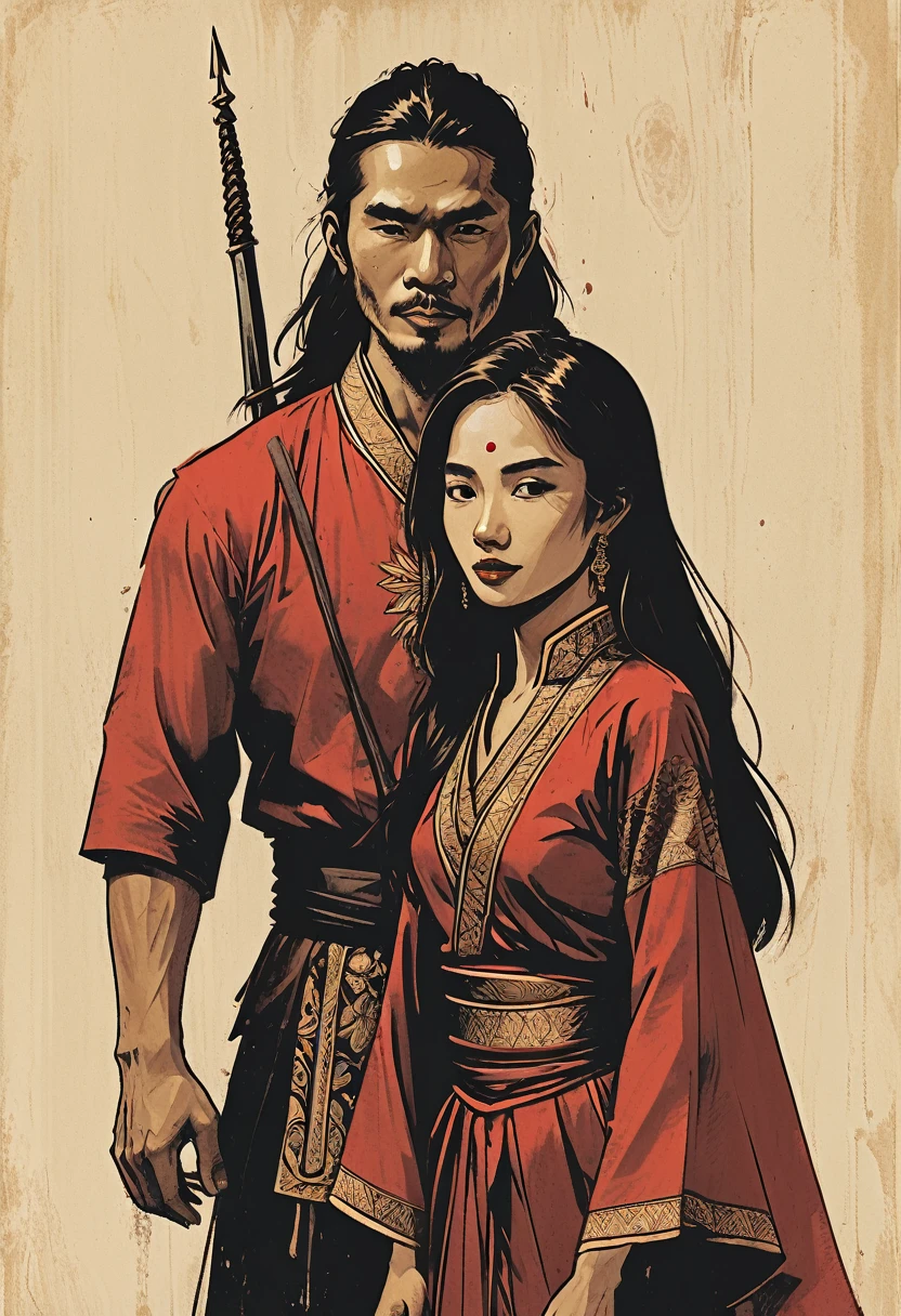 a comic book cover, illustration style. Titled written "PAHLAWAN KU" a Malay Javanese man, wearing traditional man costume, long hair wearing Tanjak on his head, holding a long Javanese dagger called Sundang. heroic poses. Besides him, a young beautiful Malay woman (supermodel) wearing Malay traditional outfits called Kebaya in red colour. She wrap her hand around the man. They are standing on a old ship dock. full body shot. Background of old historical ship in 1511 centuries in Malacca.