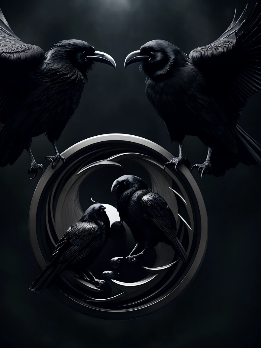 a high quality yin yang composed of two ravens, one black and one white, intricate detailed feathers, dark moody atmosphere, dramatic lighting, gothic, cinematic, 8k, award winning, photorealistic
