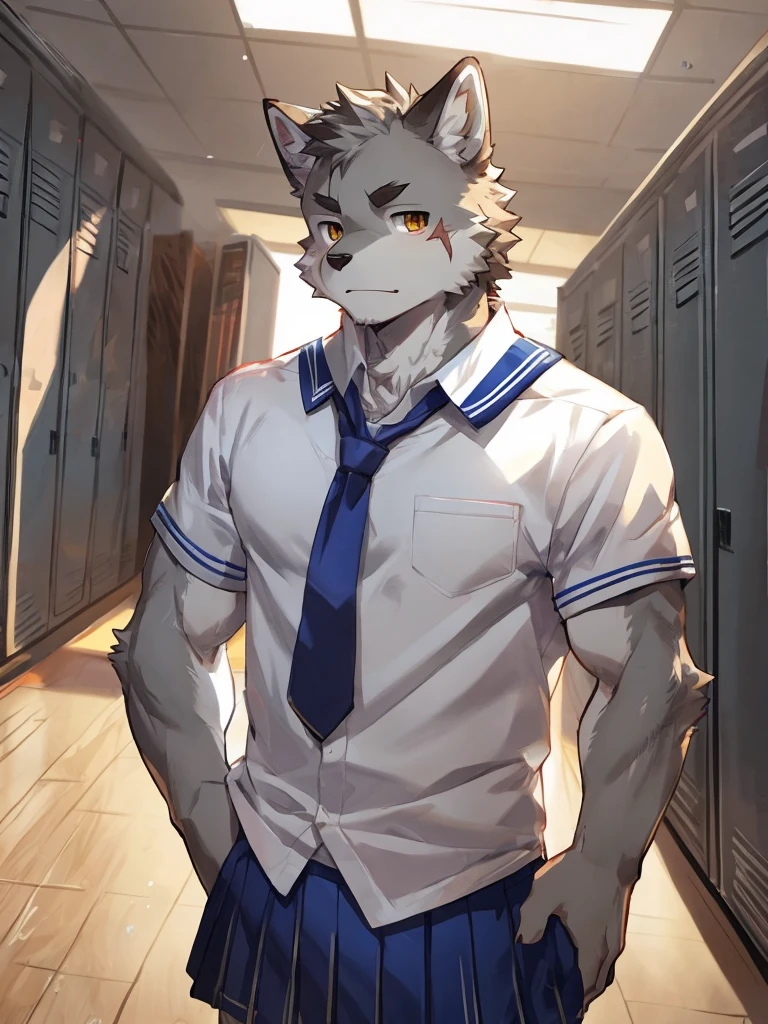 embedding:Gray wolf,Golden Eyes，Single Person,a scar on the face.Gray fur，High school students,male school uniform,A buzz cut,no hair,Standing by the school locker,Male,Handsome,muscle,A little nervous,Smart,Best quality hands, best quality eye，detailed fur，Delicate eyes.Extreme picture quality，by sollyz,by zixiong,by milkytiger1145