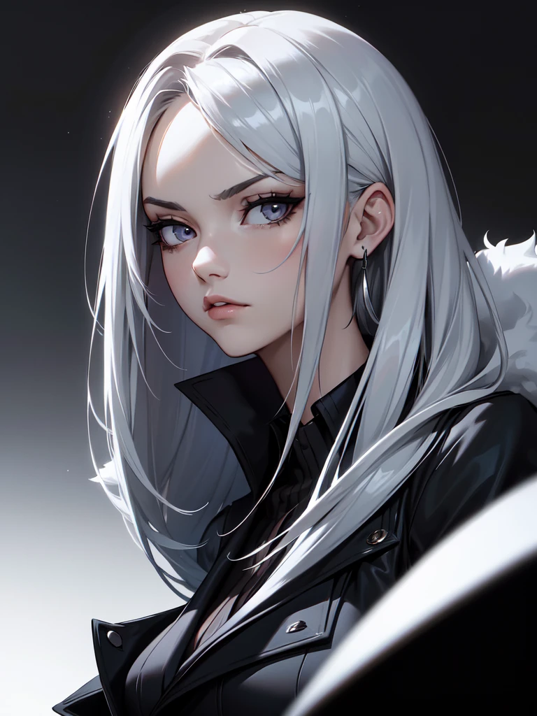 (((Portrait Photo))), She has a Sleek and Mysterious Appearance of a 18-Year-Old, with a Slim, Elegant Build, and a Stoic Demeanor. She has Medium-length and Smooth, Silver Hair, with Strands Falling Gracefully Around Her Face. Her Striking Light Gray Eyes Express a Calm and Serious Look, Giving Off a Cool and Collected Attitude. She Wears a Black High-Collared Top, Paired with a Black Coat Adorned with White Fur Trim. (((High Quality, Dark Background))), (((Portrait Photo)))