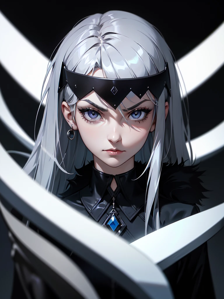 (((Portrait Photo))), She has a Sleek and Mysterious Appearance of a 18-Year-Old, with a Slim, Elegant Build, and a Stoic Demeanor. She has Medium-length and Smooth, Silver Hair, with Strands Falling Gracefully Around Her Face. Her Striking Light Gray Eyes Express a Calm and Serious Look, Giving Off a Cool and Collected Attitude. She Wears a Black High-Collared Top, Paired with a Black Coat Adorned with White Fur Trim. (((High Quality, Dark Background))), (((Portrait Photo)))
