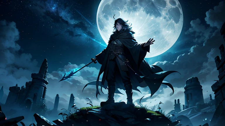 Imagine the Dark Wizard standing on top of a rocky hill, with the wind blowing in his hair and his robe. The night sky is full of stars and a giant full moon shines in the distance. A lush forest stretches as far as the eye can see, shrouded in a mysterious mist. Ancient ruins rise in the distance, illuminated by the faint glow of the moon. The Dark Wizard raises his magic staff towards the sky, casting a spell of great power. Magical sparks and rays surround his body as he utters words of incantation.. a magical creature, like a dragon or a phoenix, fly above him.