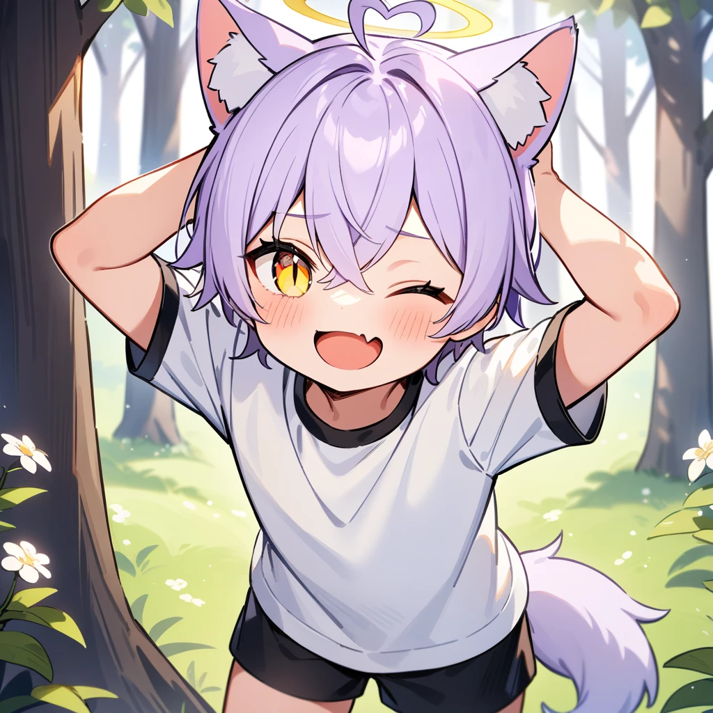 (masterpiece:1.2,high quality),4K,High resolution,A seven-year-old boy,cute boy, light purple hair,short hair,crossed bangs,light yellow eyes,slit pupils,one eye closed,heart ahoge,yellow halo,cat ears,laughing,skin fang,Wearing a white shirt,Black shorts,Stand in the forest,There are flowering trees on both sides.,primary school student,thigh,alone,dog tail,Put your hands behind your head,(Put your hands behind your head)