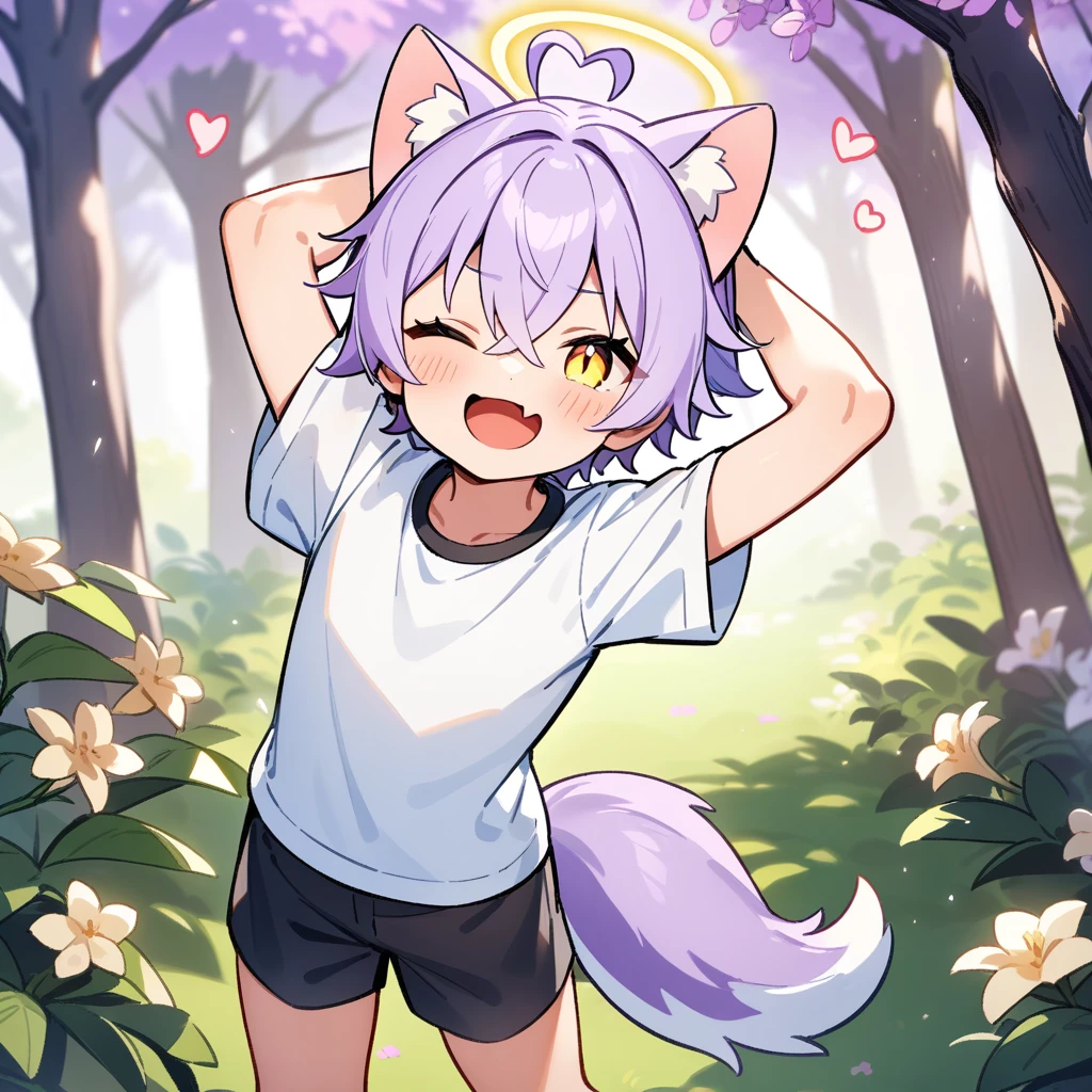 (masterpiece:1.2,high quality),4K,High resolution,A seven-year-old boy,cute boy, light purple hair,short hair,crossed bangs,light yellow eyes,slit pupils,one eye closed,heart ahoge,yellow halo,cat ears,laughing,skin fang,Wearing a white shirt,Black shorts,Stand in the forest,There are flowering trees on both sides.,primary school student,thigh,alone,dog tail,Put your hands behind your head,(Put your hands behind your head)