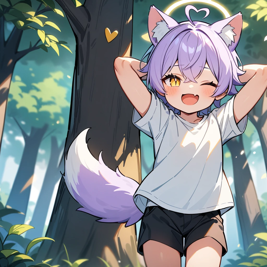 （masterpiece：1.2，high quality），4K，High resolution，A seven-year-old boy，cute boy， light purple hair，short hair，crossed bangs，light yellow eyes，slit pupils，one eye closed，heart ahoge，yellow halo，cat ears，laughing，skin fang，Wearing a white shirt，Black shorts，Stand in the forest，There are flowering trees on both sides.，primary school student，thigh，alone，dog tail，Put your hands behind your head，（Put your hands behind your head）