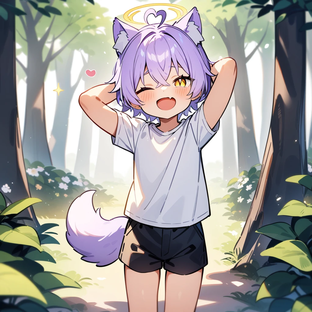 （masterpiece：1.2，high quality），4K，High resolution，A -year-boy，c boy， light purple hair，short hair，crossed bangs，light yellow eyes，slit pupils，one eye closed，heart ahoge，yellow halo，cat ears，laughing，skin fang，Wearing a white shirt，Black shorts，Stand in the forest，There are flowering trees on both sides.，primary scho，dog tail，Put your hands behind your head，（Put your hands behind your head）