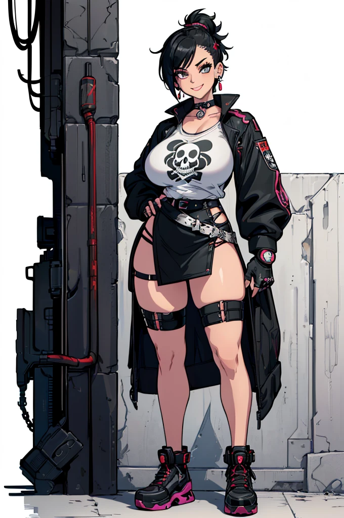 (masterpiece, best quality, high resolution, ((huge breasts))1 woman, very short black hair with white, punk style hairstyle, black long-sleeved t-shirt with cyberpunk style skull print, cyberpunk style miniskirt, long black stockings , black gloves, choker, bracelets, long earrings, smile (white background, stickers. Redmond), ((full body standing)),
