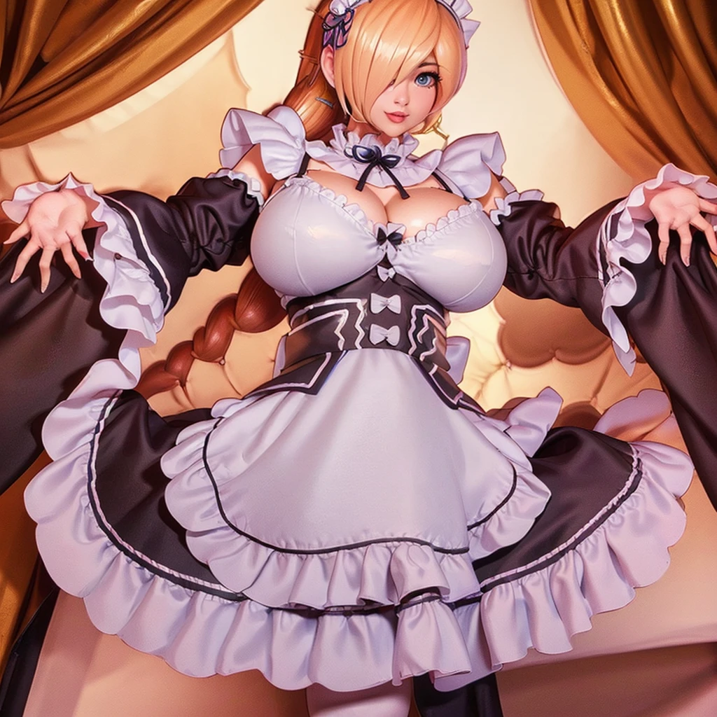 (Highest quality). (Super detailed). (One girl), View the viewer. (Detailed Background). Beautiful and fine details. Delicate and beautiful face. (High saturation), Big breasted, Saggy breasts, (((Sexy Maid Lingerie))), (((Long legs))), (((Huge breasts))),