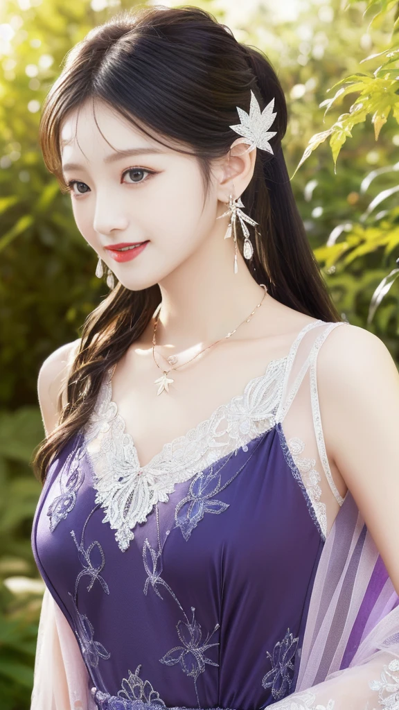 Fine details, high resolution, high quality、Perfect dynamic composition, Beautiful and delicate eyes, Double ponytail hairstyle, Beautiful breasts 、Natural lipstick, Face,Kamiaki、1 girl、clear translucent skin、Shiny hair、(Purple luxury clothes、Exquisite lace)、Complex dress、Exquisite hair accessories、Intricate earrings、Complex necklaces、a smile，garden，Maple Leaf